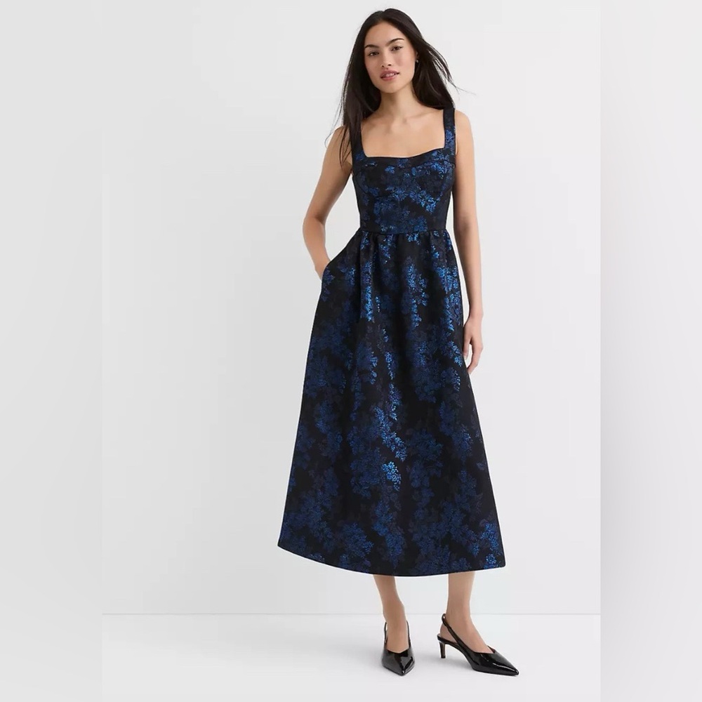 Loft Shimmer Floral Corset Seamed Midi Pocket Dress